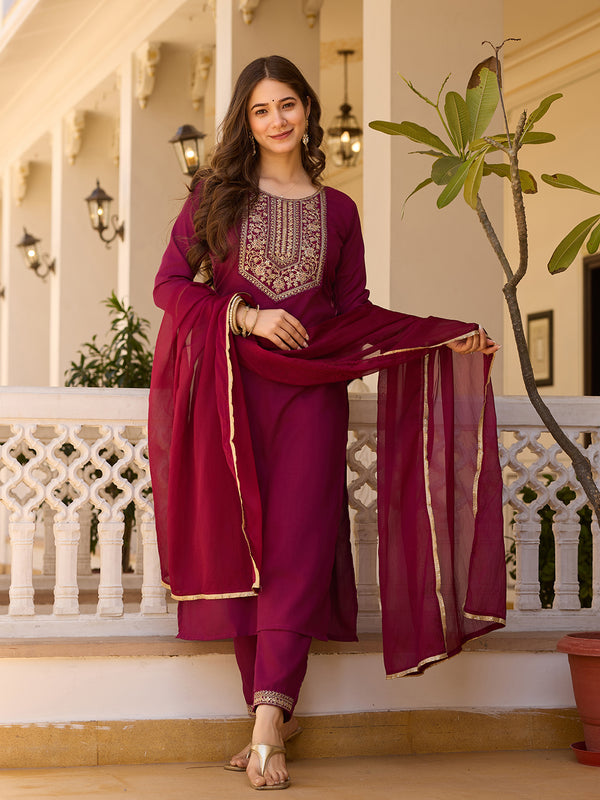 Women's Rayon Embroidered Kurti Pant Set with Solid Chinon Dupatta