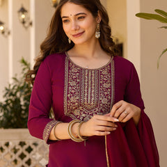 Women's Rayon Embroidered Kurti Pant Set with Solid Chinon Dupatta