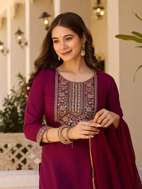 Women's Rayon Embroidered Kurti Pant Set with Solid Chinon Dupatta