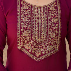 Women's Rayon Embroidered Kurti Pant Set with Solid Chinon Dupatta