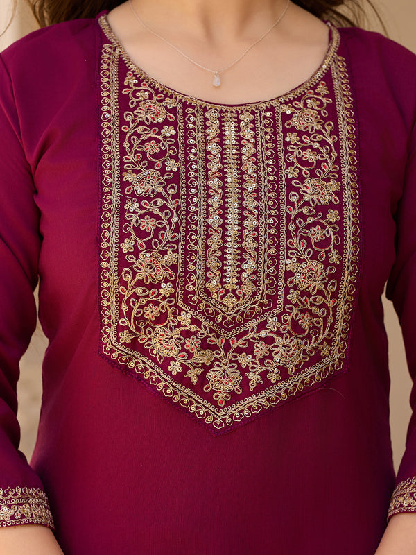 Women's Rayon Embroidered Kurti Pant Set with Solid Chinon Dupatta