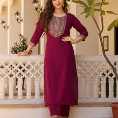 Women's Rayon Embroidered Kurti Pant Set with Solid Chinon Dupatta