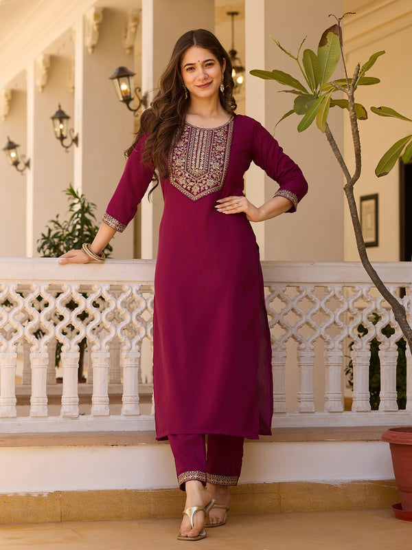 Women's Rayon Embroidered Kurti Pant Set with Solid Chinon Dupatta