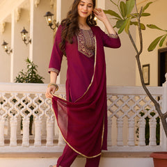 Women's Rayon Embroidered Kurti Pant Set with Solid Chinon Dupatta