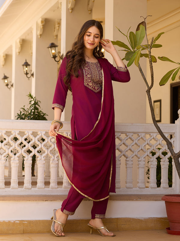 Women's Rayon Embroidered Kurti Pant Set with Solid Chinon Dupatta