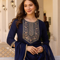 Women's Rayon Embroidered Kurti Pant Set with Solid Chinon Dupatta