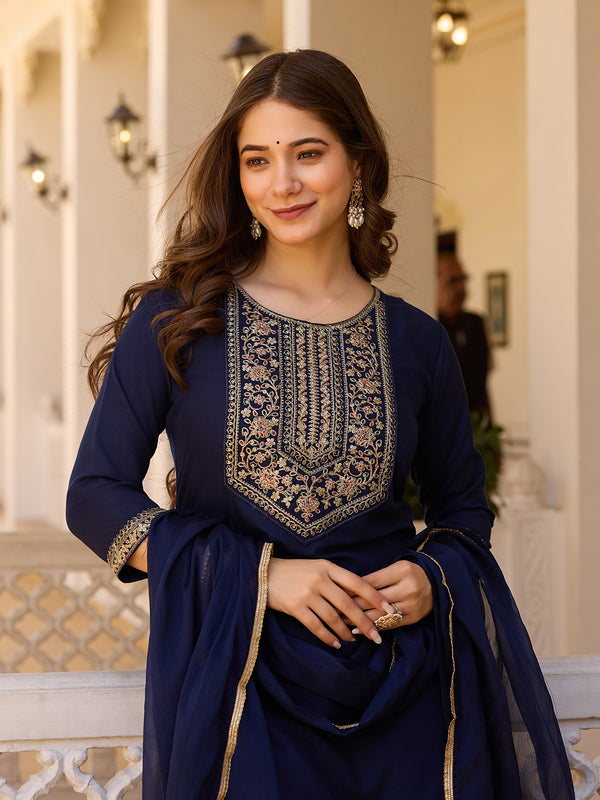 Women's Rayon Embroidered Kurti Pant Set with Solid Chinon Dupatta