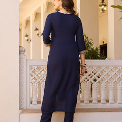 Women's Rayon Embroidered Kurti Pant Set with Solid Chinon Dupatta