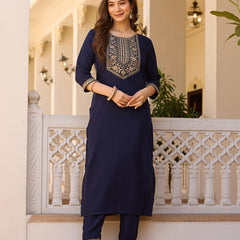 Women's Rayon Embroidered Kurti Pant Set with Solid Chinon Dupatta