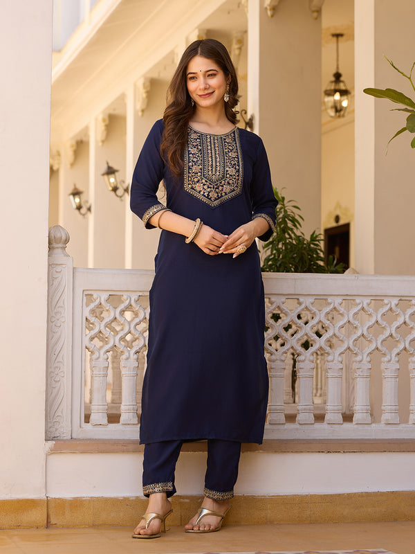 Women's Rayon Embroidered Kurti Pant Set with Solid Chinon Dupatta