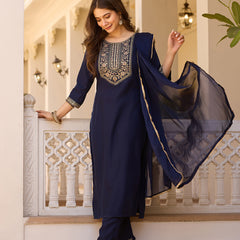 Women's Rayon Embroidered Kurti Pant Set with Solid Chinon Dupatta