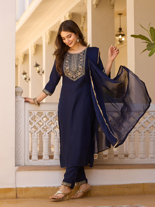 Women's Rayon Embroidered Kurti Pant Set with Solid Chinon Dupatta