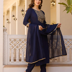 Women's Rayon Embroidered Kurti Pant Set with Solid Chinon Dupatta