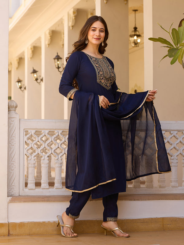 Women's Rayon Embroidered Kurti Pant Set with Solid Chinon Dupatta