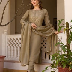 Women's Rayon Embroidered Kurti Pant Set with Solid Chinon Dupatta