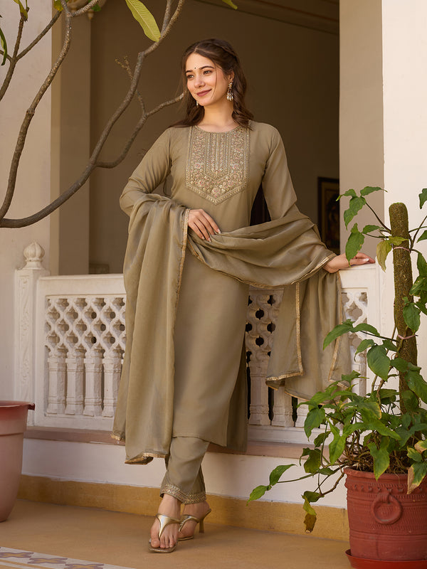 Women's Rayon Embroidered Kurti Pant Set with Solid Chinon Dupatta