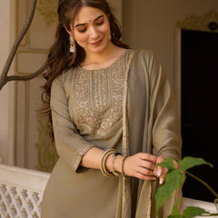 Women's Rayon Embroidered Kurti Pant Set with Solid Chinon Dupatta