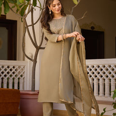 Women's Rayon Embroidered Kurti Pant Set with Solid Chinon Dupatta
