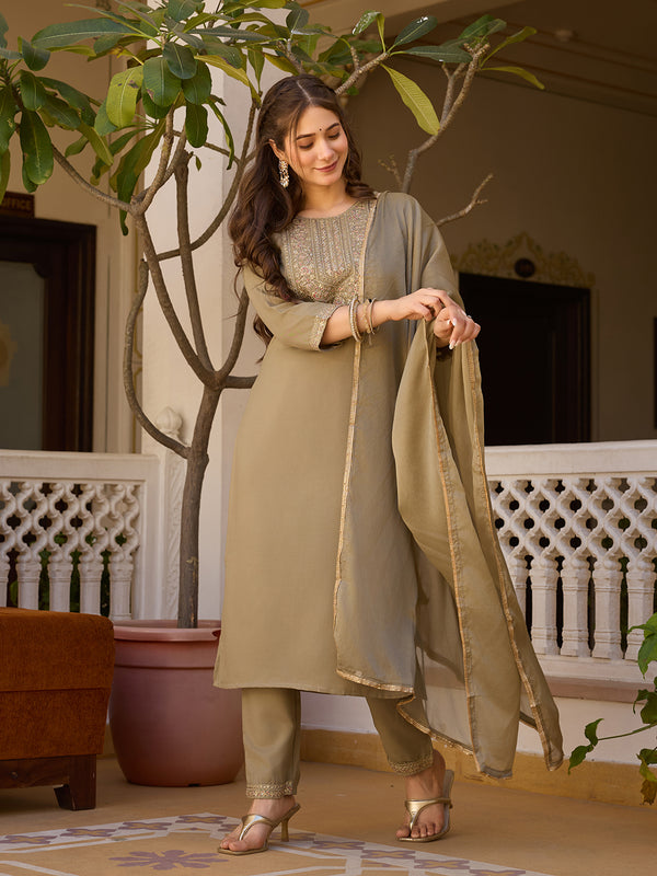 Women's Rayon Embroidered Kurti Pant Set with Solid Chinon Dupatta