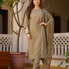 Women's Rayon Embroidered Kurti Pant Set with Solid Chinon Dupatta