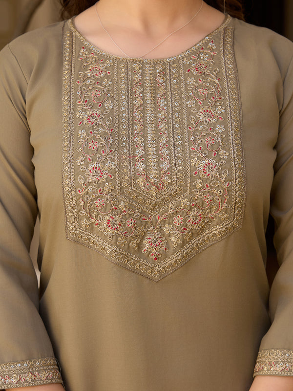 Women's Rayon Embroidered Kurti Pant Set with Solid Chinon Dupatta