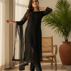 Women's Faux Georgette Embroidered Kurti Pant Set with Net Dupatta