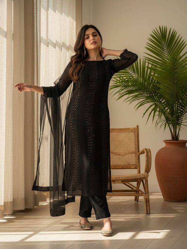 Women's Faux Georgette Embroidered Kurti Pant Set with Net Dupatta
