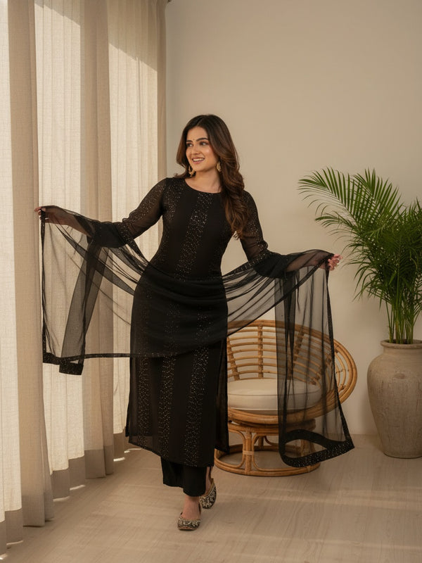 Women's Faux Georgette Embroidered Kurti Pant Set with Net Dupatta