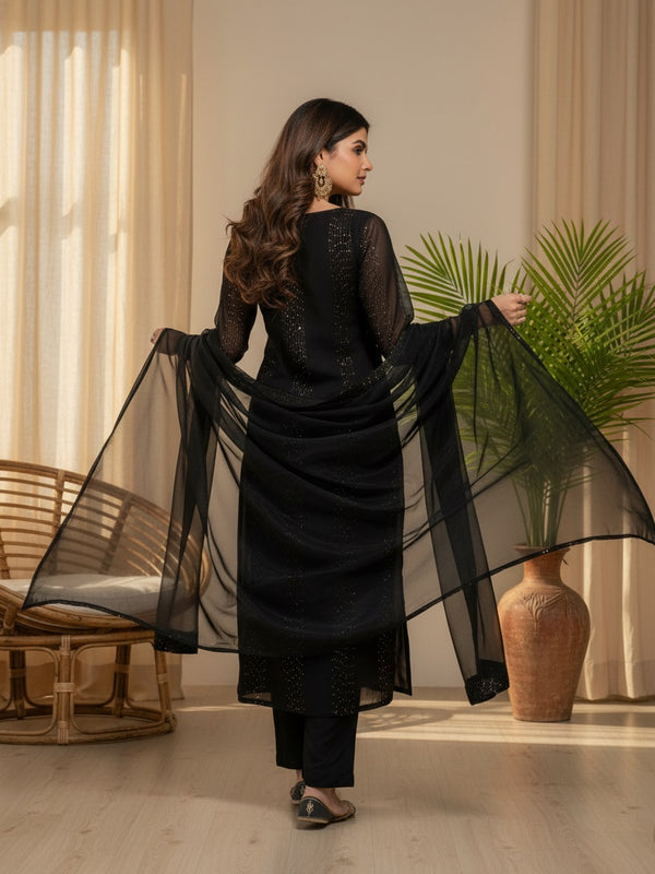 Women's Faux Georgette Embroidered Kurti Pant Set with Net Dupatta