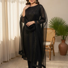 Women's Faux Georgette Embroidered Kurti Pant Set with Net Dupatta
