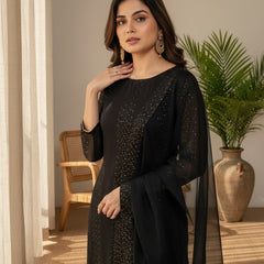Women's Faux Georgette Embroidered Kurti Pant Set with Net Dupatta