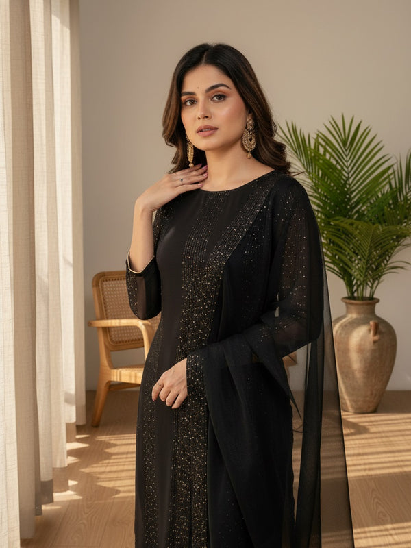 Women's Faux Georgette Embroidered Kurti Pant Set with Net Dupatta