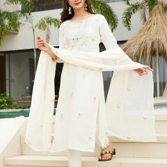 Women's Rayon Slub Embroidered Kurti Pant Set with Embroidered Chanderi Cotton Dupatta