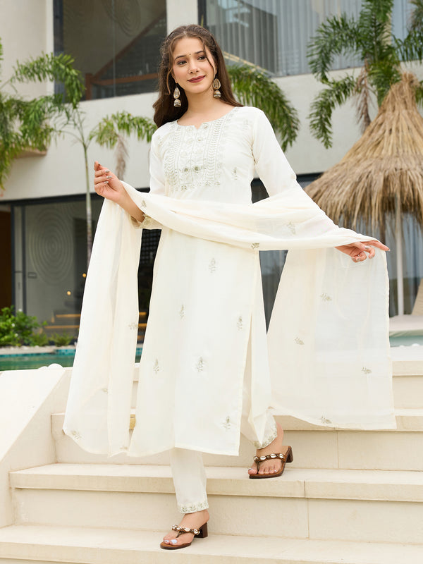 Women's Rayon Slub Embroidered Kurti Pant Set with Embroidered Chanderi Cotton Dupatta