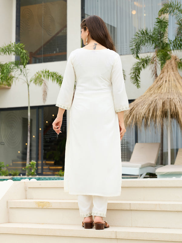 Women's Rayon Slub Embroidered Kurti Pant Set with Embroidered Chanderi Cotton Dupatta