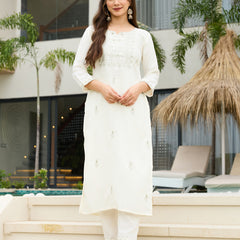 Women's Rayon Slub Embroidered Kurti Pant Set with Embroidered Chanderi Cotton Dupatta