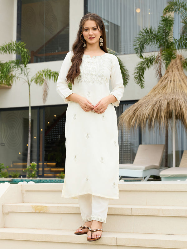 Women's Rayon Slub Embroidered Kurti Pant Set with Embroidered Chanderi Cotton Dupatta
