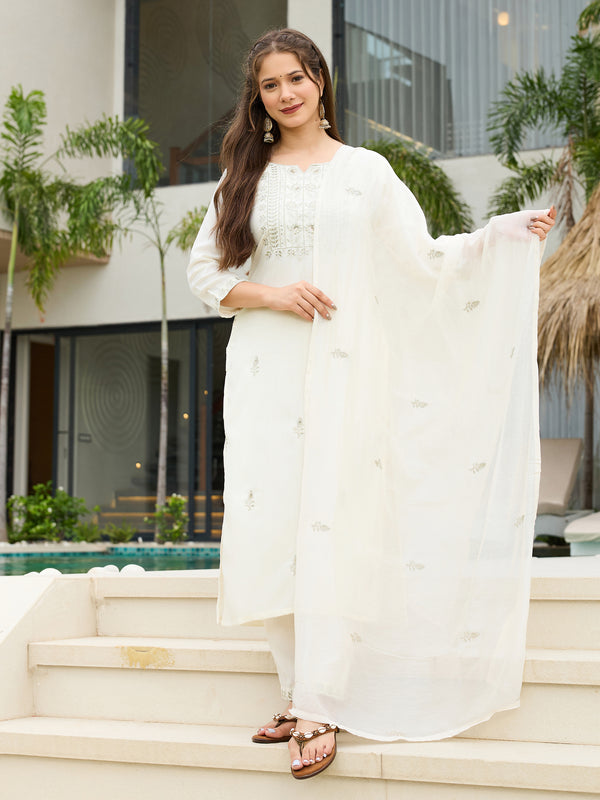 Women's Rayon Slub Embroidered Kurti Pant Set with Embroidered Chanderi Cotton Dupatta