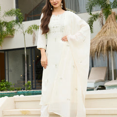 Women's Rayon Slub Embroidered Kurti Pant Set with Embroidered Chanderi Cotton Dupatta