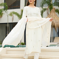 Women's Rayon Slub Embroidered Kurti Pant Set with Embroidered Chanderi Cotton Dupatta