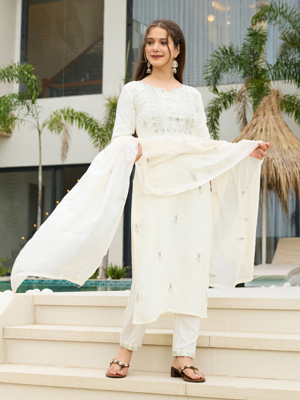Women's Rayon Slub Embroidered Kurti Pant Set with Embroidered Chanderi Cotton Dupatta