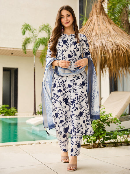 Women's Silk Blend Printed Kurti Pant Set with Jacquard Tabby Organza Dupatta