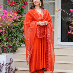 Women's Viscose Chanderi Embroidered Kurti Pant Set with Embroidered Chanderi Cotton Dupatta