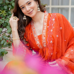 Women's Viscose Chanderi Embroidered Kurti Pant Set with Embroidered Chanderi Cotton Dupatta