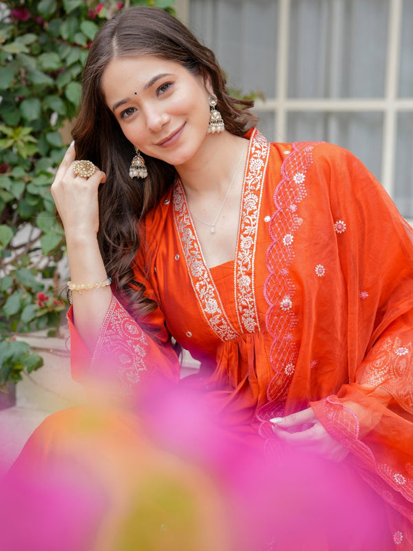Women's Viscose Chanderi Embroidered Kurti Pant Set with Embroidered Chanderi Cotton Dupatta