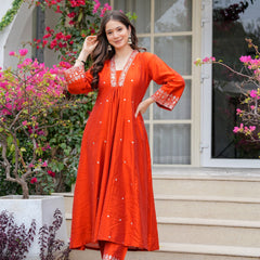 Women's Viscose Chanderi Embroidered Kurti Pant Set with Embroidered Chanderi Cotton Dupatta