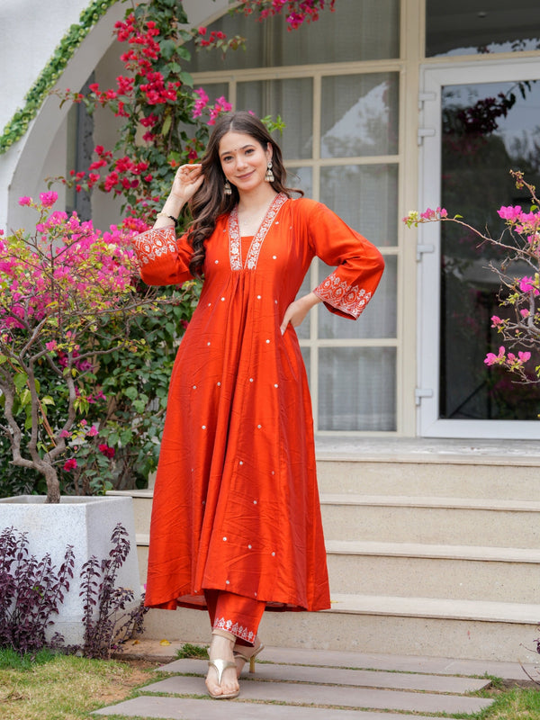 Women's Viscose Chanderi Embroidered Kurti Pant Set with Embroidered Chanderi Cotton Dupatta