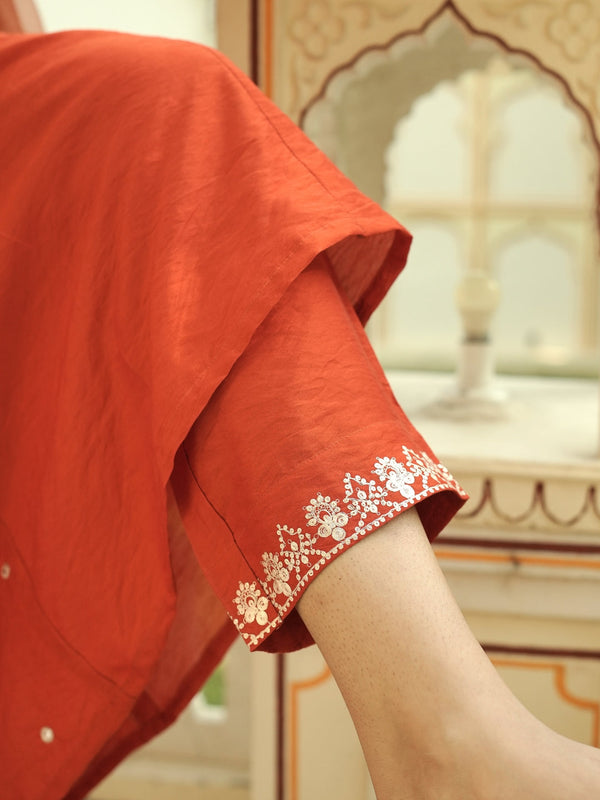 Women's Viscose Chanderi Embroidered Kurti Pant Set with Embroidered Chanderi Cotton Dupatta