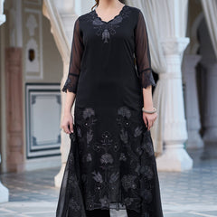 Women's Faux Blooming Georgette Embroidered Kurti Pant Set with Embroidered Dupatta