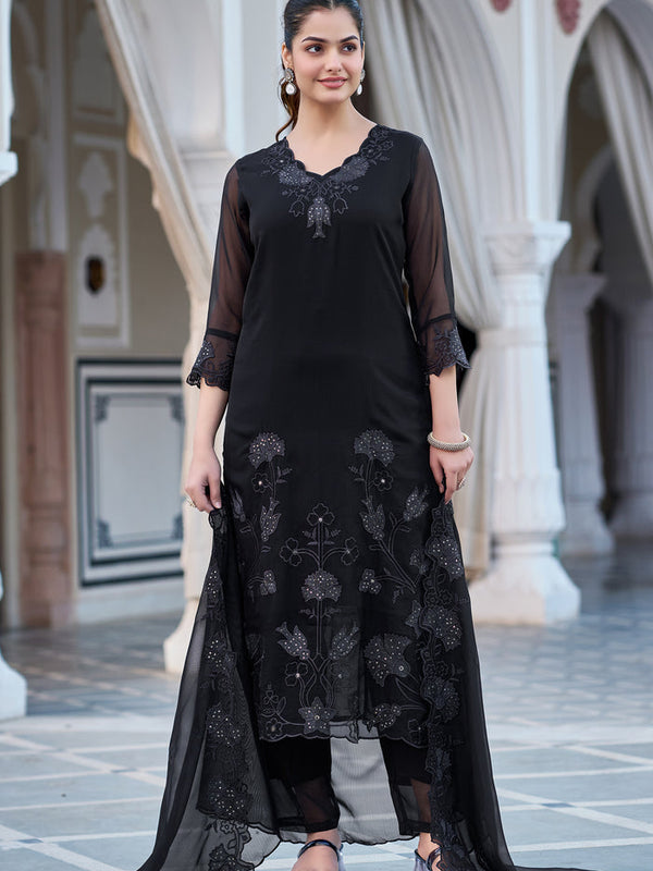 Women's Faux Blooming Georgette Embroidered Kurti Pant Set with Embroidered Dupatta